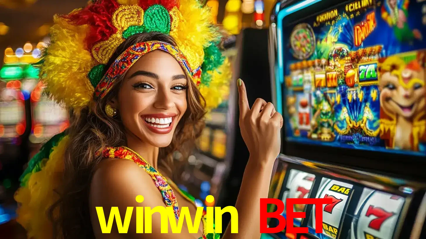 Mulher animada com um cocar de carnaval apontando para uma máquina de caça-níqueis, mostrando a emoção de ganhar um grande prêmio nos jogos do winwin bet.