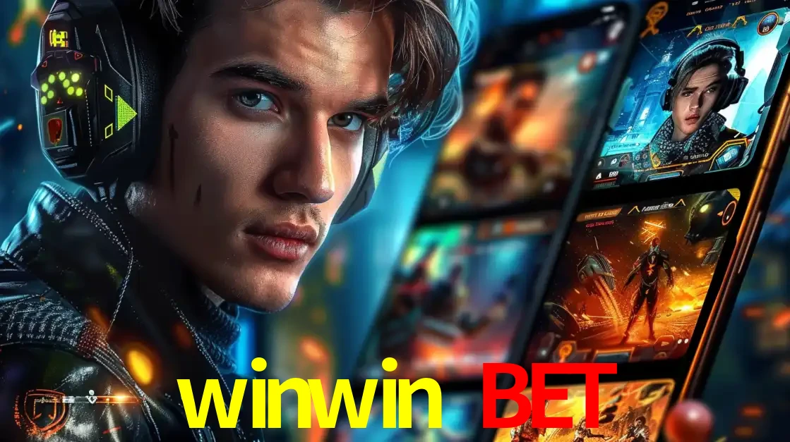Jovem jogador com fones de ouvido olhando para a câmera, com um aplicativo de jogos e e-sports para celular ao fundo, pronto para a competição e apostas no winwin bet.