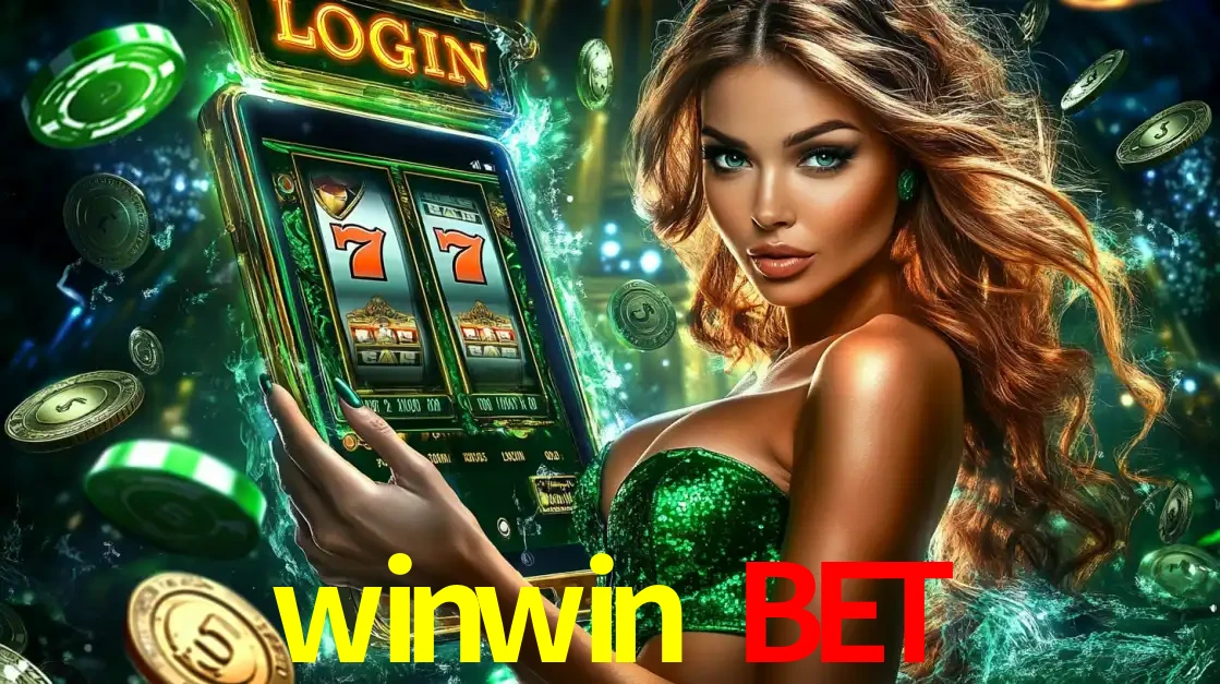 Mulher com tema verde apresentando o aplicativo do cassino winwin bet com um jogo de slot de 777, cercada por fichas de cassino e uma aura de sorte.