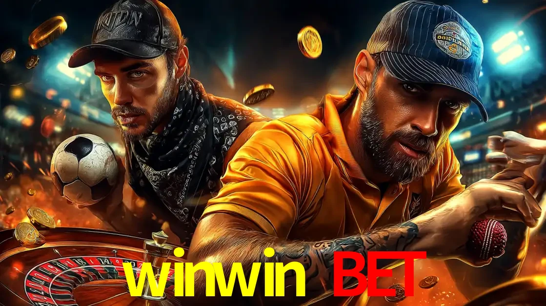 Montagem de apostas esportivas e cassino no winwin bet, com um homem segurando uma bola de futebol e outro uma de beisebol sobre uma roleta e moedas voadoras.