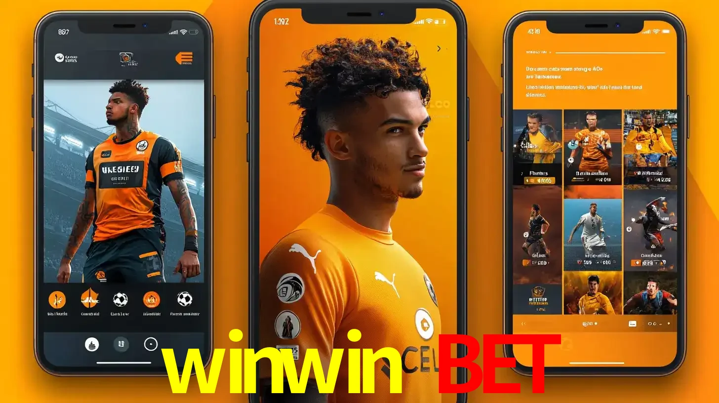Interface do aplicativo de apostas esportivas winwin bet em três telas de celular, mostrando o perfil de um jogador de futebol e a lista de jogos disponíveis para apostar.