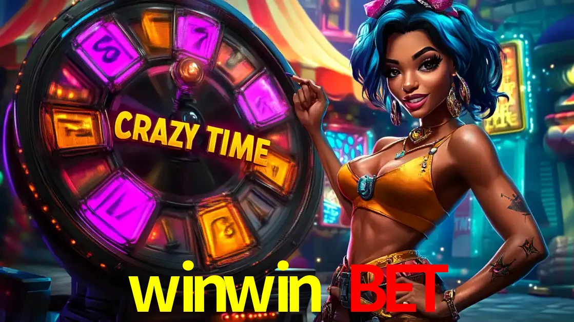 Mulher estilizada com cabelo azul e visual vibrante posando ao lado da roda de prêmios do game show Crazy Time, convidando para a diversão e os bônus do cassino winwin bet.